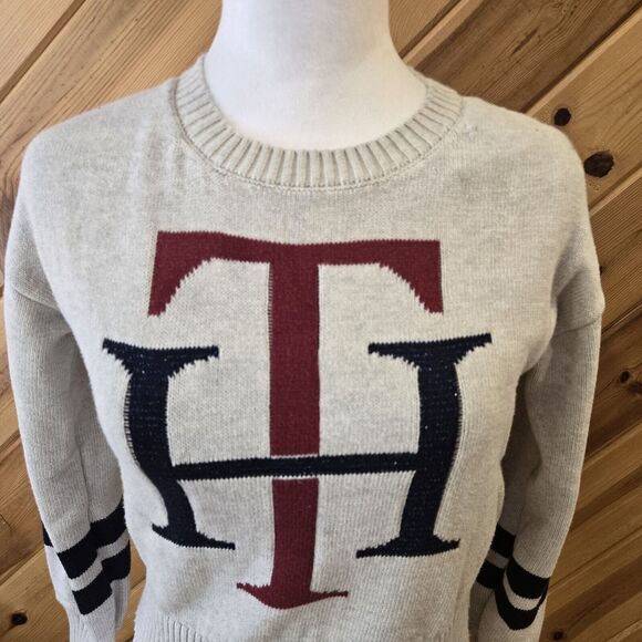 Tommy Hilfiger Womens Crop Crew Neck Sweater College Preppy Logo Cotton Medium - Picture 2 of 5